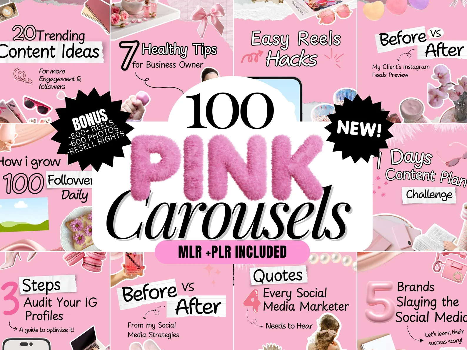 100 Aesthetic Pink Instagram Carousel Templates | Editable Canva PLR MRR - Image 3